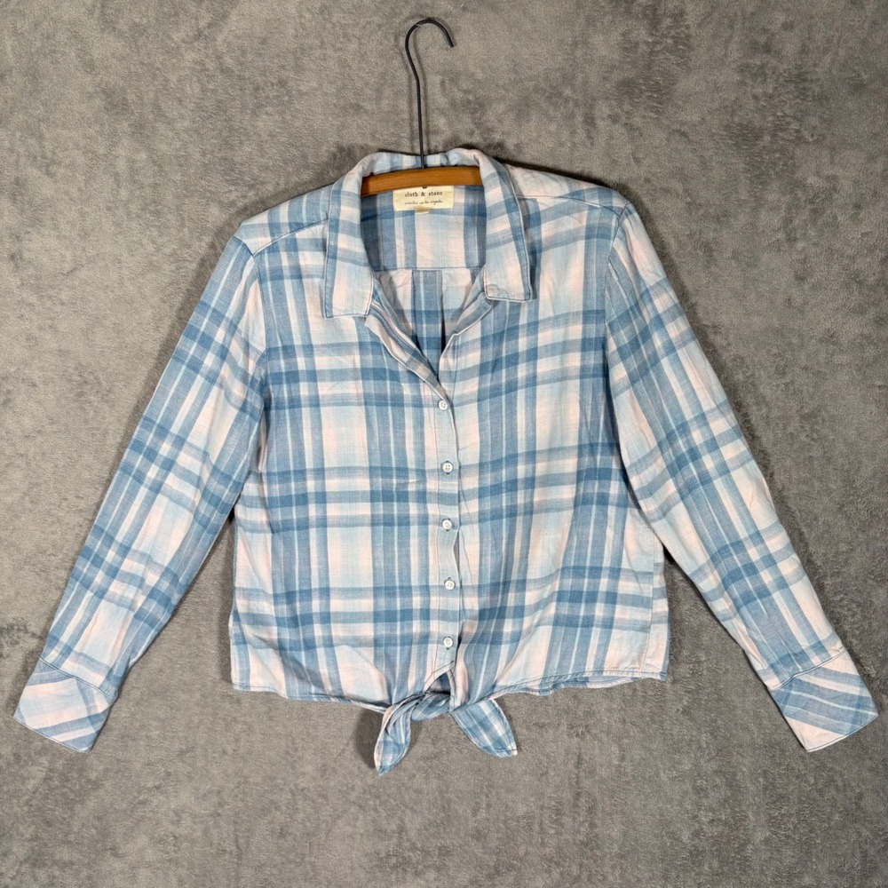 Cloth & Stone Blue Pink Plaid Tie Front Button Down Shirt Large Coastal Bohemian
